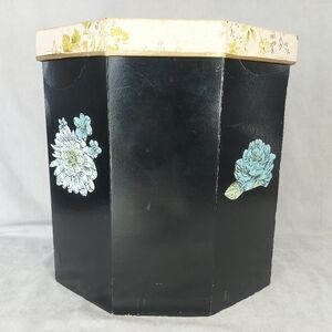 Vintage Black Octagonal Hat Box Floral Chrysanthemum Decor Storage